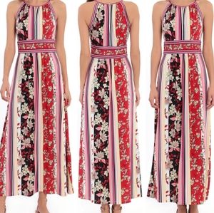 London Times Floral Stripe Halter Maxi Dress (Red size 12)